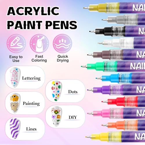 Image of HUBTURE 12 Color Pens Set, Nail Polish Pens 0.5MM Fine Tip Acrylic Paint Pen Nail Art Markers Quick-Dry Nail Art Tools for Dotting Drawing Painting DIY Nail Art Beauty Manicure