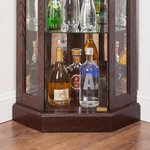 roomfitters Corner Glass Display Cabinet, Lighted Curio Cabinet, Corner Display Case for Living Room, Antique Collection, Wine or Bar Glass Storage, Light Included, Dark Cherry
