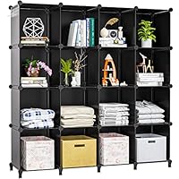 Neprock 16 Cubby Storage Organizer, Closet Clothes Storage Organizer, Cube Shelves Closet Organizers and Storage Shelves for Clothing Storage with Hammer, Bookshelf for Kids（Black）