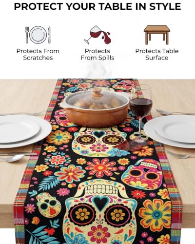 REPROE Dia De Los Muertos Table Runner, Sugar Skull Floral 13x72 - image 3