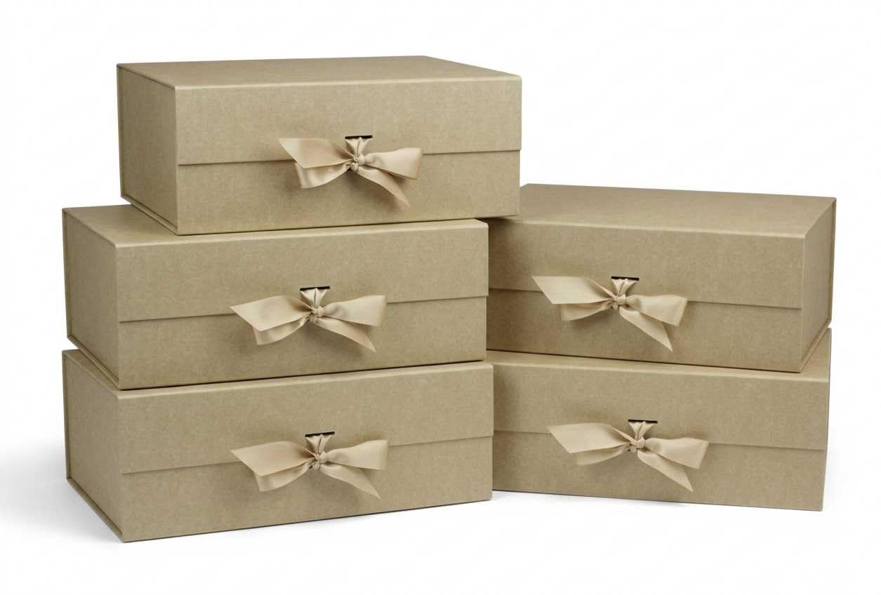 Emartbuy Lot de 5 boîtes cadeaux magnétiques en papier kraft avec ruban – 28,2 x 20,2 x 9,2 cm – Convient aux tasses, ensembles de beauté et petits paniers – Anniversaires, mariages, Noël, cadeaux