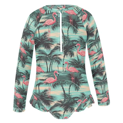 Pink Flamingos Tropical Palm Trees Girls Long Sleeve Swimsuit Rashguard Swimwear One Piece Bathing Suit 212175954