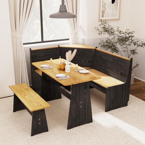 Image of Kitchen Breakfast Nook Table Set - Solid Wood Corner Bench Dining Set for 4-6 People, L Shaped Bench for Dinner Room, Space Saving Kitchen Booth Seating with Table for Small Space, Ink Black