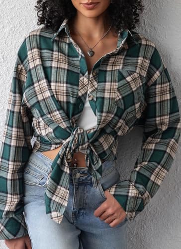 Image of CHYRII Womens Button Down Flannel Shirts Long Sleeve Plaid Shackets Business Casual Blouse Top