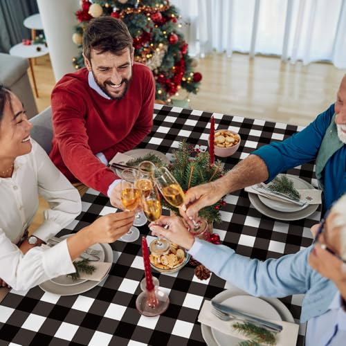 Image of Hxezoc Buffalo Plaid Plastic Tablecloth, 54 x 108 Inch Black and White Checkered Disposable Winter Table Cover for Birthday Party Decorations Outdoor Indoor Party Supplies