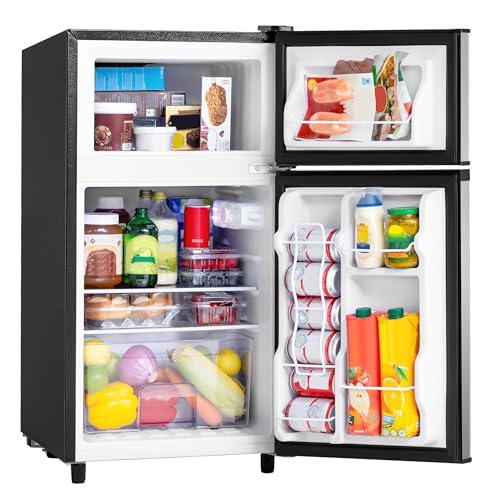 3.55 Cu.Ft Mini Fridge with Freezer - 2 Doors for Office, Kitchen, Dorm and Bedroom, Mini Refrigerator with Adjustable Shelves (Silver)