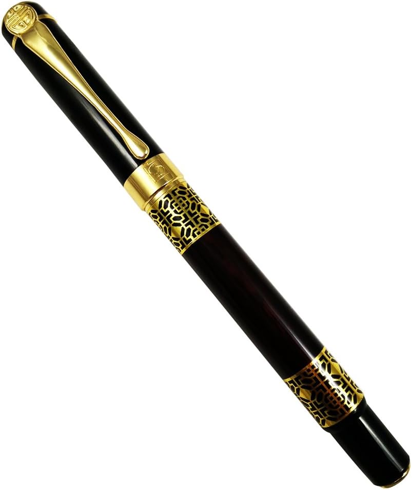 Fountain Pen Smooth Writing Wooden Golden Trim M Nib 18kgp with Fashion Red Gift Box (Dark Red)