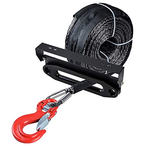 amopacorp 95 ft x 3/8 inch Gray Synthetic Winch Rope with Flip-Up Hawse Fairlead Mounted License Plate Holder and Anodized Black 10
