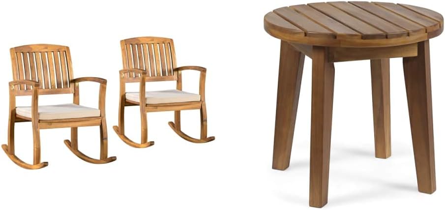Christopher Knight Home Selma Acacia Rocking Chairs with Cushions, 2-Pcs Set & Side Table, Teak Finish