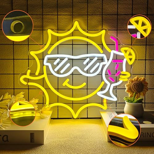 Image of Bar Neon Sign for Wall Decor, Funny Neon Sign for Beach Bar Pub Sandbeach Beverage Shop, Sun Sunglasses Drinks Led Sign with Dimmer, Summer Decoration USB Powered with Switch