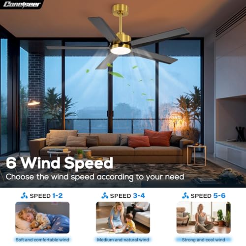 Image of Conciseer 52 Inch Ceiling Fans with Lights and Remote for Bedroom Living Room Kitchen Office, Indoor /Outdoor Use, 3CCT Dimmable, 5 Blades 6 Speed Reversible Quiet DC Motor, Gold /Black