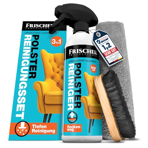 FRISCHER PROFESSIONAL Polsterreiniger 500ml für Sofa, Auto, Sessel & Couch inkl. Bürste + Microfasertuch, Textilreiniger Konzentrat & Autositz Reiniger für alle Polstermöbel - Fleckenentferner Sofa