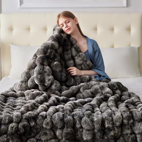 Faux Fur Throw Blanket, 1000GSM Fluffy Soft Bubble Blanket for Couch Bed, Cozy Plush Warm and Thick Rabbit Blanket for Living Room Bedroom 60''*80'' Tie-dye Grey