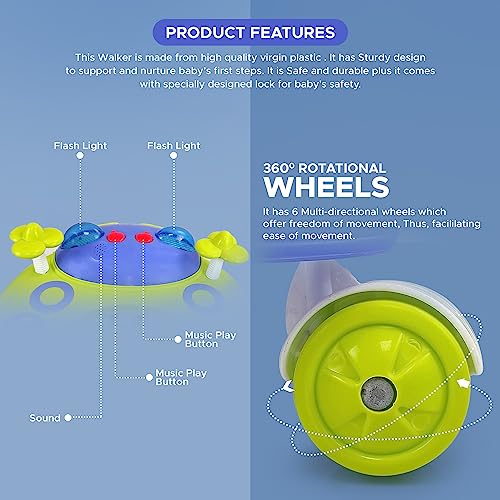 Image of Dash Kitty Baby Walker with Music with Rotation Wheels & High Back Rest (Green)