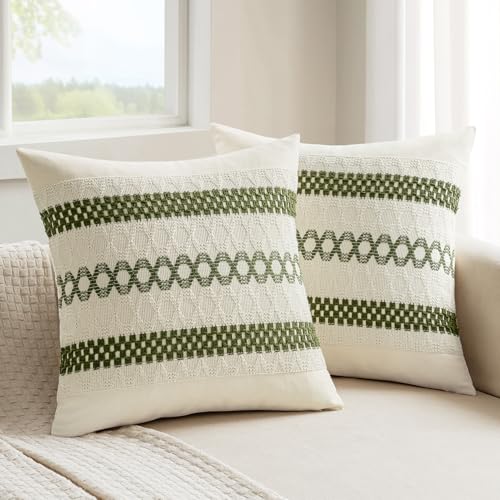 Image of MIULEE Set of 2 Moss Green Boho Decorative Pillow Covers 20x20 Inch | Farmhouse Couch Throw Pillows Modern Summer Cotton Cushion Covers Macrame Woven Spring Decor for Bed Sofa Chair