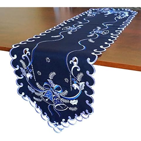 GRANDDECO Holiday Christmas Table Runner, Cutwork Embroidered Floral Christmas Blue Bells Dresser Scarf Table Topper for Home Dining Xmas Table Top Decoration (Runner 13"X68", Blue Bell) Cover