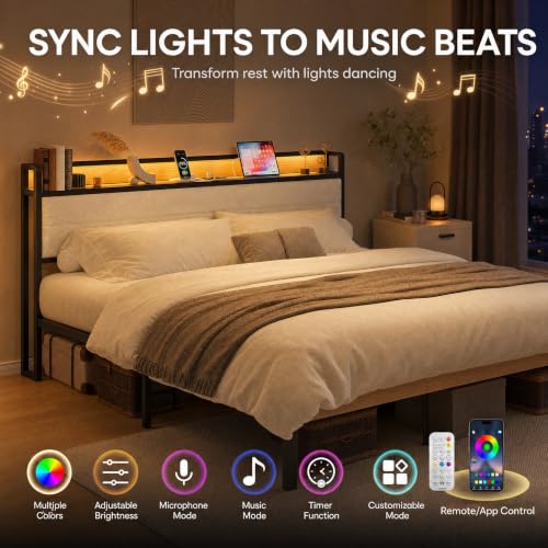 Image of LIKIMIO King Size Bed Frame with Headboard, LED Lights and Charging Station