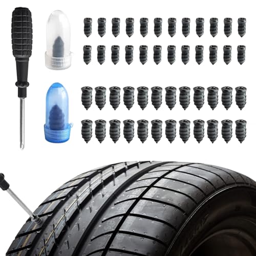 ZQLR-Y 50Pcs Tyre Repair Kit Rubber Nails & Screwdriver, Car Tyre Puncture Repair Kit, Motorbike Puncture Repair Kit for Bike, Motorbike, Bicycle, Flat Tire Plug, Universal