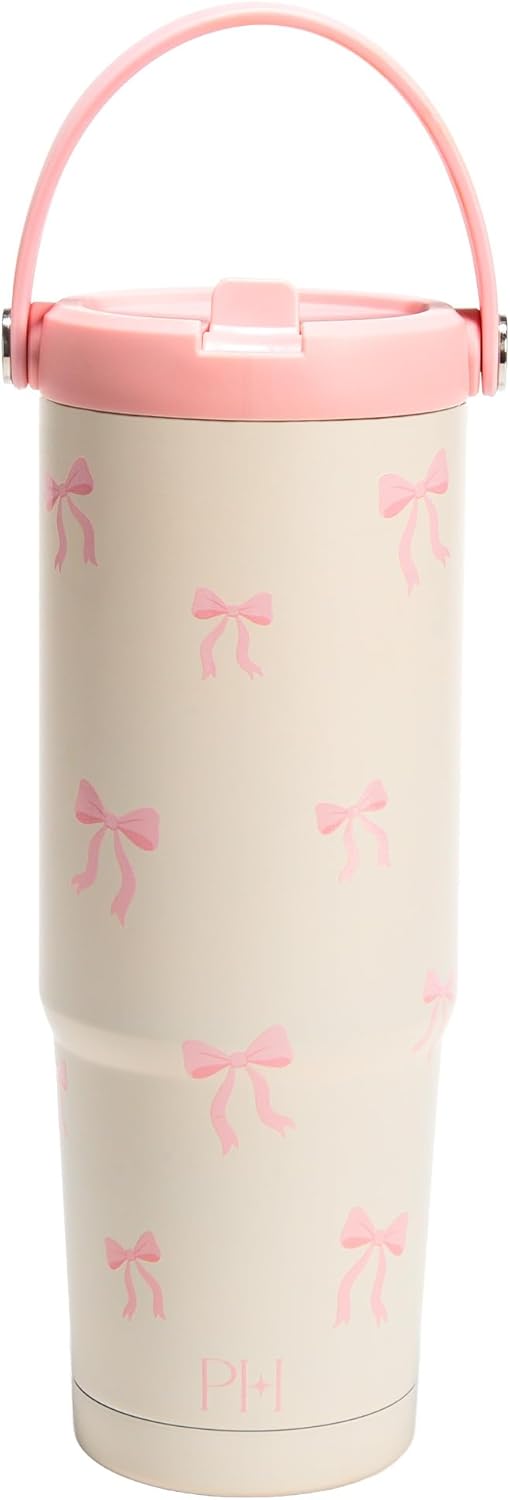 Paris Hilton 30 oz Insulated Water Bottle Tumbler with Flip-Up Straw Lid and Carry Handle, Double-Wall Vacuum Stainless Steel Tumbler Travel Cup, Pink