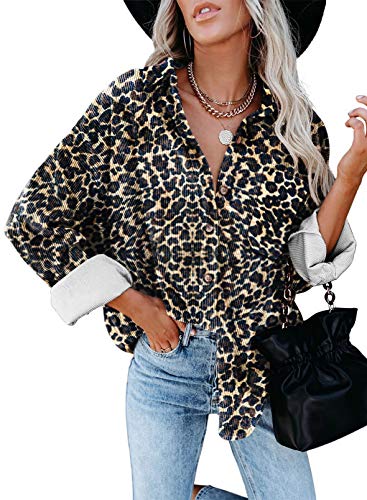 Astylish Womens Lightweight Collared V Neck Shirts Solid Roll Up Sleeve Button Down Corduroy Blouse Tops Leopard 2XL