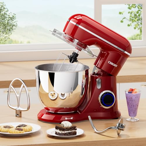 Image of CEBORY 3-IN-1 Electric Stand Mixer, 6.5QT Bowl 660W 10-Speed Kitchen Mixer, Household Food Mixers include Dough Hook, Beater and Whisk, Bread Cake Mixer for Baking and Most Home Cooks, Red