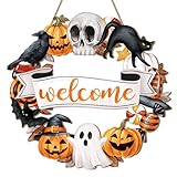 Halloween Wood Wreath Ghost Black Cat Pumpkin Skull Door Hanging Sign Decorations, Rustic Spooky Halloween Welcome Wooden Signs for Front Door Hanger Home Decor Party Supplies