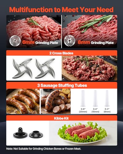 Image of VEVOR Meat Grinder, 552 LB /H Capacity, #12 Electric Meat Mincer with 2 Plates, 3 Sausage Stuffing Tubes & Kibbe Kit, 750W /1HP Sausage Maker for Home Kitchens & Restaurants, ETL Listed