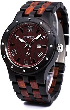 BEWELL Wood Watches for Men Date Display Quartz Analog Lumious Pointers (Ebony and Red Sandalwood)