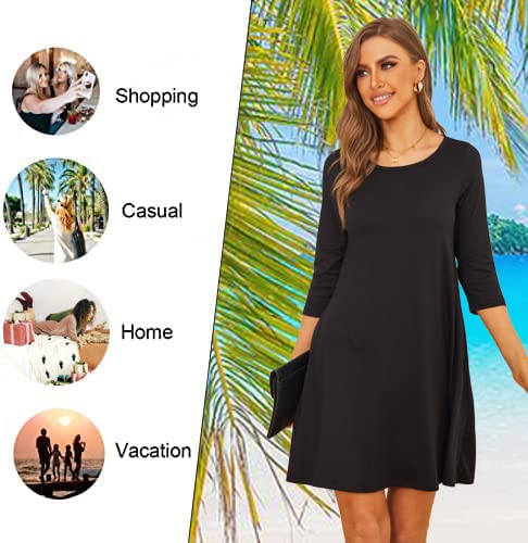 Image of Womens Casual 3 /4 Sleeve Dresses Aline Crewneck Spring Tshirt Dress with Pocket