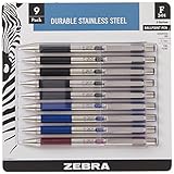 Zebra F-301 Ballpoint Stainless Steel Retractable Pen, Fine Point, 0.7mm, Assorted Ink, 9-Count: Black, Blue, Red