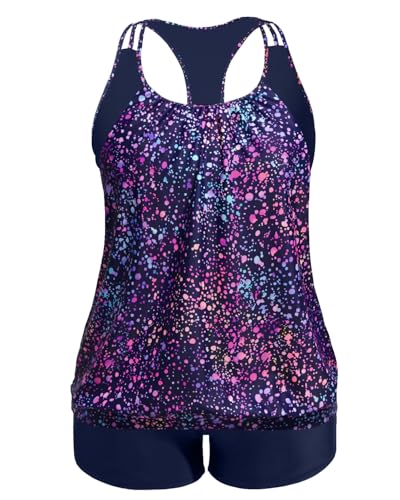 Image of Womens Plus Size Tankini Swimsuit Two Piece Tummy Control Bathing Suit | Blouson Racerback Tankini Top with Shorts, Double Up Design, Removable Pad
