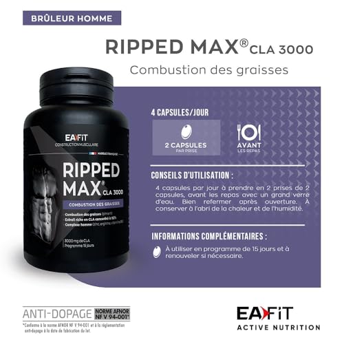 EAFIT - Ripped Max CLA 3000 - Bruleur de graisse puissant 3g CLA + Piment + Zinc +Vitamines B6 - Facilite la combustion des graisses lors des séances de sport - Pensé pour musculation - 60 Capsules – Image 4