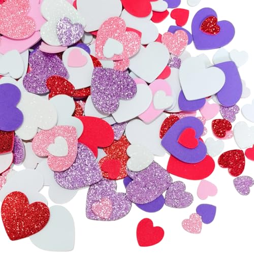 FUGUIR 240 Pcs Foam Heart Stickers Self Adhesive Heart Shaped Stickers Decals for Scrapbooks Crafts and Cards DIY Gifts Valentines Day Birthday Wedding Party Supplies -Red Pink White Purple