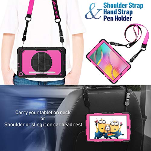 Timecity Samsung Galaxy Tab A 10.1 Case,Only Fit (Sm-T510/T515/T517), Full-Body Drop Proof Case With Rotating Hand Strap Stand Screen Protector Pencil Holder For Galaxy Tab A 10.1 - Rose+Black #TOP4