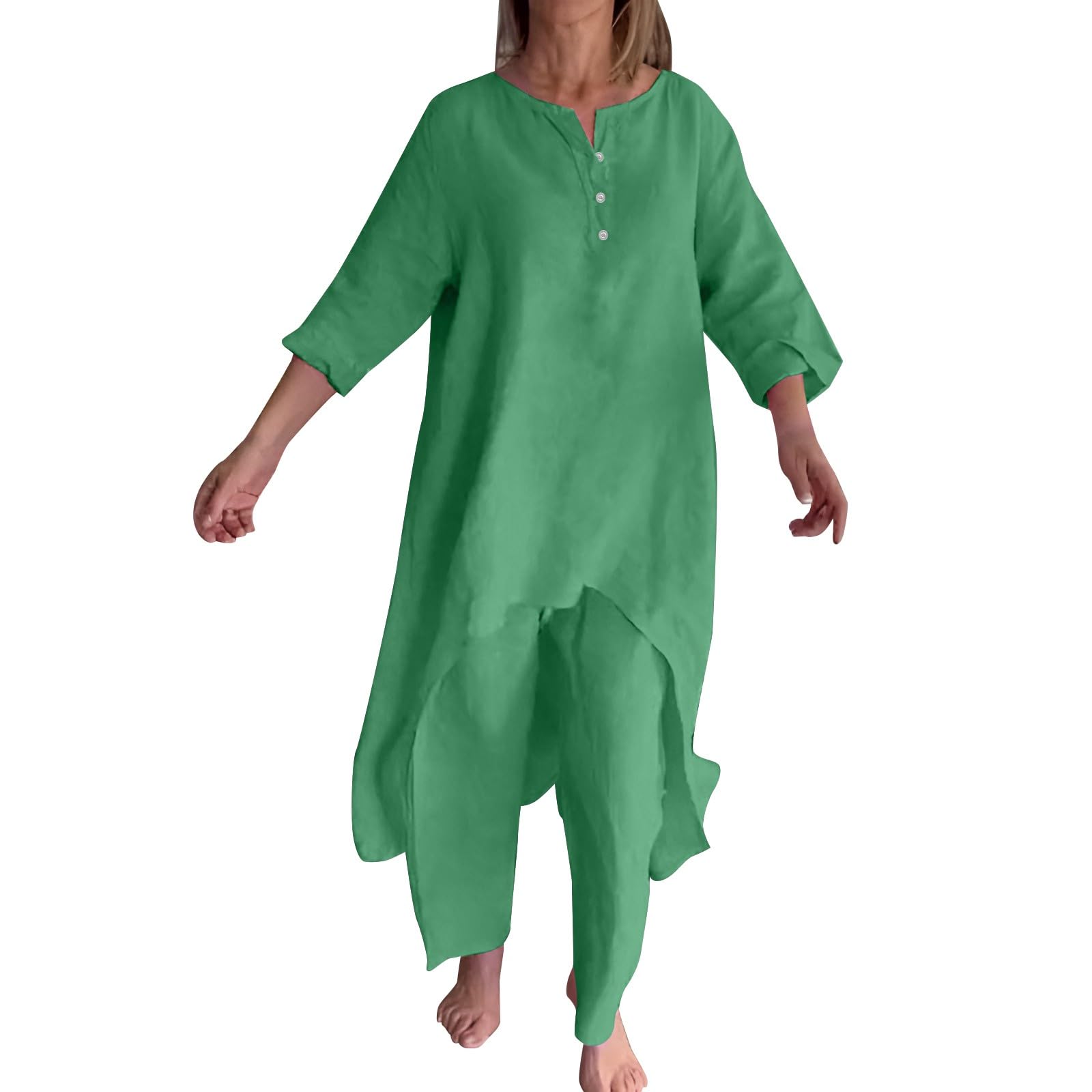 Combinaison d'intérieur pour femme - Grandes tailles - Couleur unie - En coton - Chemisier à col rond et pantalon large - Combinaison de loisirs légère et ample avec ourlet haut - Tenue longue de
