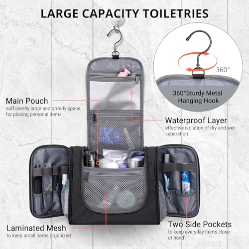 WITZMAN Toiletry Bag for Men Women Large Hanging Multi-organization Bathroom Bag Water-resistant Dopp Kit Shaving Bag Men(B690 Black)4