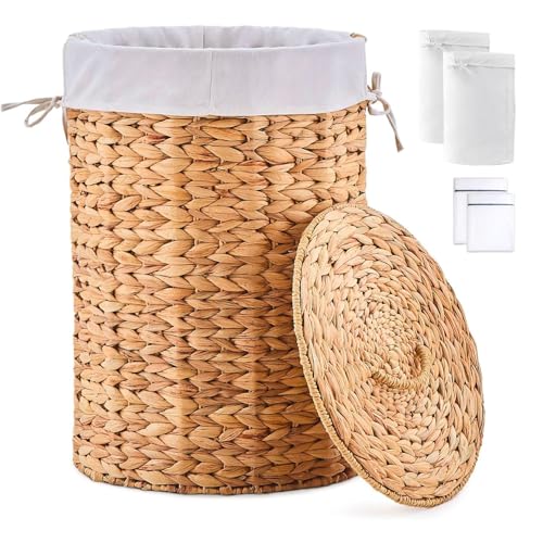 Image of Round Water Hyacinth Laundry Hamper with Lid Handwoven Wicker Basket with Handles for Dirty Clothes, Storage, and Organization Ideal for Bedroom, Bathroom, and Laundry Room, No Assembly Required, 60L