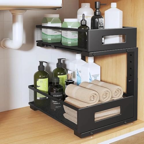 Image of Under Sink Organizer, 2-Tier Dual Pull Out Cabinet Organizer Drawers With Smooth Circular Rail, Large Capacity Metal Mesh Sliding Shelves For Bathroom& Kitchen Storage,Height Adjustable-Black,1 Pack
