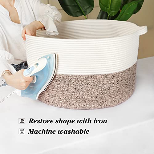 Annecy Xxlarge Cotton Rope Basket, 21X13 Inches Blanket Basket Living Room, Woven Baby Laundry Basket With Handle For Toy, Towels, Pillows, Decorative Basket For Blankets, White & Beige Brown #TOP5