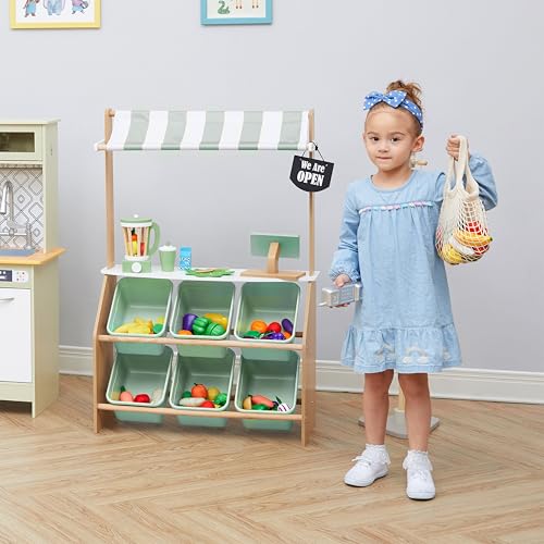 Image of Teamson Kids Little Helper Wooden Farmer's Market Stand with Pretend Cash Register and 6 Plastic Storage Bins, Green, TD-13638A-AMZ | Pretend Grocery Store Playset, Cash Register Toy, 6 Storage Bins, Awning, Ages 3+