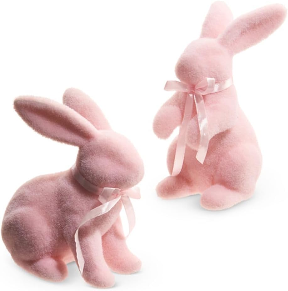 Raz Imports 2024 Easter 8.75" Pastel Pink Flocked Bunny, Assorted of 2