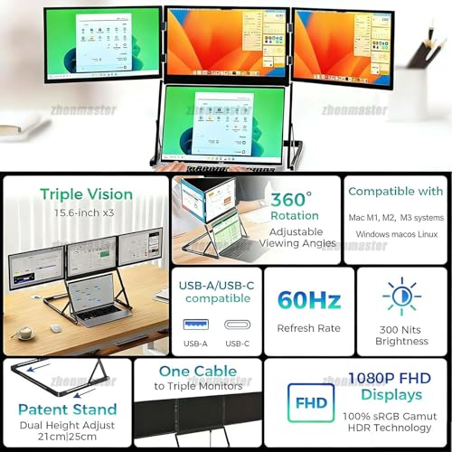 Image of Laptop Screen Extender, 15.6 inch Portable Foldable Triple Monitor, FHD 1080P IPS Foldable Triple Monitor, HDMI /USB-C N Play, 12-18.5in Laptop Compatible, Compatible with Mac /Windows /Linux