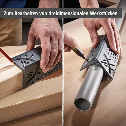 wolfcraft 3D-Gehrungswinkel I 5208000 I zum Bearbeiten von dreidimensionalen Werkstücken I Anschläge für 45°- und 90°-Winkel I einsetzbar als Streichmaß für parallele Linien