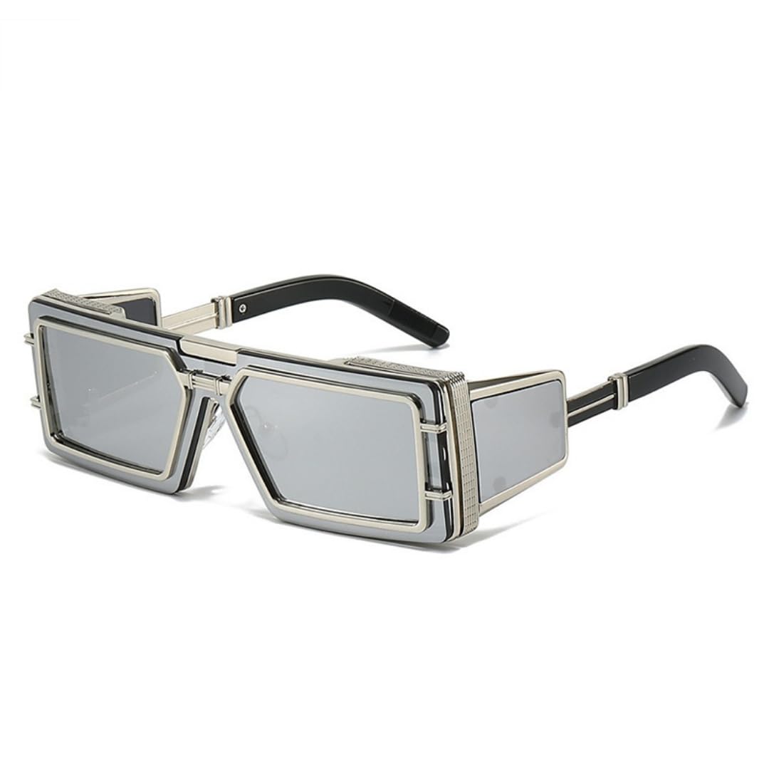 Gafas de sol cuadradas geométricas negras, marco lateral de metal dorado | Marco cuadrado grueso con ribete de metal dorado texturizado, diseño único de panel lateral y lentes oscuras protectoras