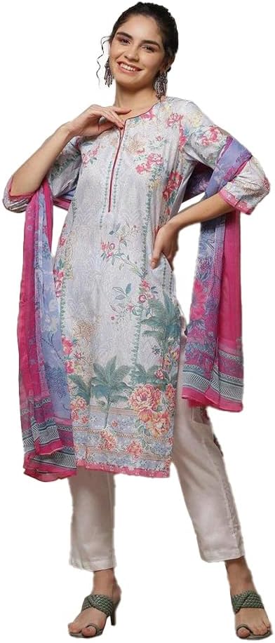BIBA Women Cotton Straight Kurta Pants Suit Set