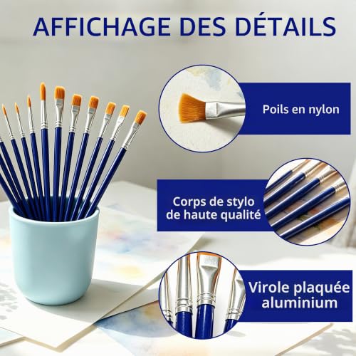 AiTodos® 12 Pinceaux, Bleus, Matériau en Nylon, Forme-Rond, Plat, et Pointu – vue 3