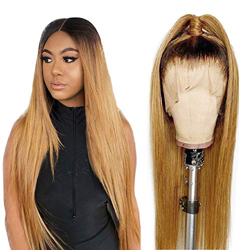 Ombre 1B/27 Deep Part Lace Front Wig Brazilian Virgin Human Hair Natural Black to Strawberry Blonde Highlight Long Straight Glueless Wig 150% Density bleached knots with baby hair 18 inch