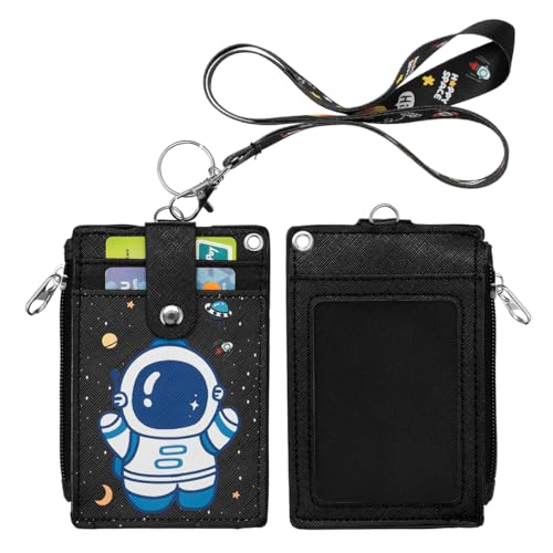 Image of ID Badge Holder with Lanyard,Cute Astronaut Work Badge with Zippered Pocket,Functional 2-Sided ID Card Wallet with 3 Slots and Detachable Keychain for Teacher Student Nurse and Office Staff