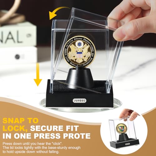 Image of JupDec Coin Display Case, Clear Acrylic Single Coin Holder with Durable Base, Dustproof Cube Showcase with Black Velvet Interior, Ideal Gift for Challenge Coin Fans & Collectors