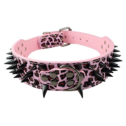 Beirui Sharp Spiked Studded Dog Collar - Stylish Leather Dog Collars - 2 Inch in Width Fit for Medium & Large Dogs - Such as Pitbull Mastiff - Black Rivets & Pink Leopard Leather,17-20